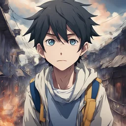 I want a picture of a 13 year old boy who took an exciting, adventurous and terrifying journey.anime