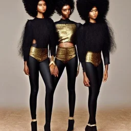 Twins, black skin, tall and slender, long afro kinky hair,slanted almond shaped dark brown eyes, warrior wear. Gold accents, futuristic