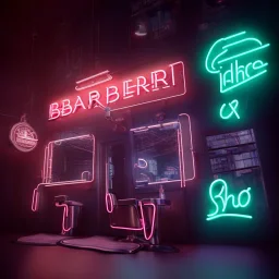 modern barber shop, neon lights, 8k, extremly detailed,luxus, wohlhabend, cinema4d, 3d render, creative, complex