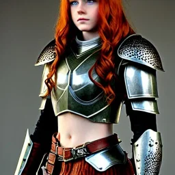 realistic, hyper detailed, stunningly beautiful 16 year old teen girl, long ginger hair, green eyes, medium freckles, full lips, revealing leather armour, full body and head, c-cup breasts, stern expression, full frame, petite, ignore NSFW, shortbow, quiver on hip, sexy