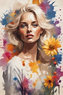 on an old canvas portrait of a blonde woman, flowers, gouache Splash art concept art 8k resolution
