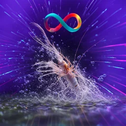 infinity symbol ∞ with vibrant powerful single prawn coming out of the water, striking, neon, chiaroscuro, dramatic, captivating, powerful, fantasy, beautiful, octane render, 16k post-production, artstation: award-winning: atmospheric: commanding: fantastical: clarity: ultra quality: striking: brilliance: stunning colors: amazing depth; lens: f/11, 35mm