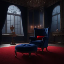 A freestanding wing chair in midnight blue velvet with a red round cushion. Illustrative art, art interpretation, concept art, cgsociety contest winner, seasonal art, seasonal art HD, 4k, 8k, intricate, detailed, intricately detailed, luminous, translucent fantasy crystal, holographic data, soft body, shadow play, light, fog, atmospheric, cinematic, light film, hyper-detailed, hyper-realistic, masterpiece, atmospheric, high resolution, 8k, HDR, 500px, mysterious and artistic digital art, phototi