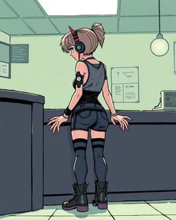 tank girl punk emo girl hands on counter and leaning backward away from a reception desk, side view, graphic novel