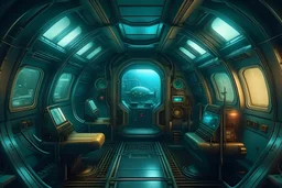 a look from the inside of a futuristic submarine, hyper realism, photo realism, realistic lighting, realistic color grading