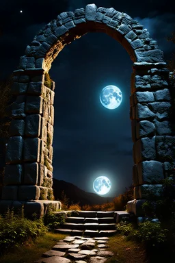 Stone moongate glowing at night under a full moon dark fantasy