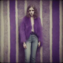 Hippie girl, jeans, purple fur, striped wallpaper, old autochrome