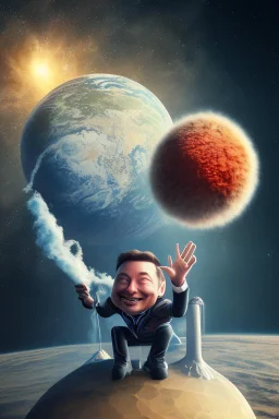 Elon musk sitting on an earthball laughing. He's got the whole world in his hands. Prominent faces all around. Chaos80, 8k high resolution with high detail