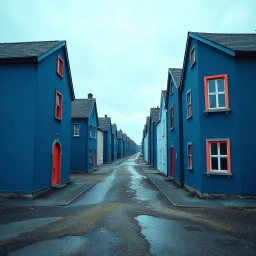 Fotografia di strada assurda e falsa orripilante blu weirdcore dai colori vivaci. Yves Tanguy. Non luogo falso, inusuale. Max Ernst. Le case sono false e dipinte di nero chiaro con cose stilizzate e dettagli. Ci sono finestrelle false quadrate, che danno un senso distopico e molto surreale, disposte in modo casuale. L'atmosfera generale sembra noiosa e onirica, con un contrasto tra elementi reali ed elementi dipinti falsi, on the shore, René Magritte, oddest things