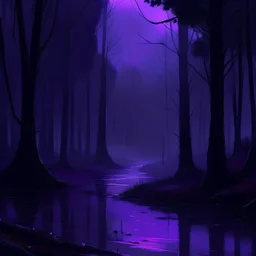 midnight sadness, really dark rainy forest, dark purple hue