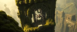 dragon spider in web from mossy tower, master oil painting by Rembrandt and Escher, moss covered space station, brightened edges to give a sense of depth