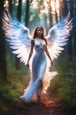 Beautiful Angel in Magical Forest full of lights colors, Photography Art Photoshoot Art Cinematic Soft Blur Colors - on Running Dramatic Pose