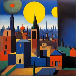 City with many colors, solchi e rilievi, dark blue decal pointillism Max Ernst