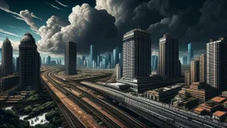 A cityscape at night with a train track running through the center, surrounded by tall buildings and a cloudy, dramatic sky