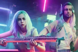 Billie Eilish, on stage with guitar, cyberpunk2077, realistic, not to be distinguished from a photo, identical pupils, photorealistic illustration