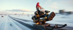 close up on gnome troll hit man with rocket boots in suit on a mech sled doing jumping stunt in winter wasteland, style of fallout 4, high speed with motion blur, on elevated road, gnome doing a cool pose on the sled, standing on knee with one hand on sled