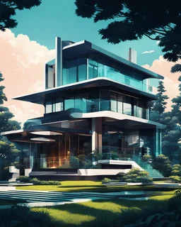 A modern country house, neofuturistic, retro anime art style, contrasting colors. Ultra quality, hyper detailed