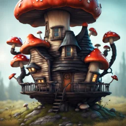 A funny floating mushroom house in space. cold neutral colors, black, Detailed gloss Painting, rich color, fantastical, intricate detail, splash screen, hyperdetailed, insane depth, concept art, 8k resolution, trending on Artstation, Unreal Engine 5, color depth, dynamic lighting, splash art, dramatic, masterpiece, excellent quality beautiful Fun Imaginative, unique, great composition