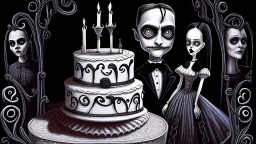 draw a birthday cake with logo number 23 or one candle 23 .Insanely detailed Addams Family movie still with Barbie dolls, art by tim burton