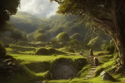 the shire, scenery landscape, lord of the rings, higly-detailed symmetric faces, highly detailed, perfect lighting, perfect composition, 4 k, artgerm, derek zabrocki, greg rutkowski