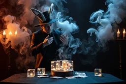 ai magic show presentation wow effect smoke bunnies awesome awesome yoga magician with scary hat on awake within a dream inside a circular saw blade Alice in wonderland and cards and big transparent dice