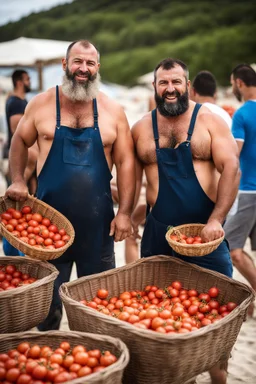 close up shot photography of two tired chubby muscular beefy hairy burly 39 years old ugly turkish carpenters, short beard, shaved hair, shirtless, manly chest, bulging white shorts, tired eyes, walking on the beach in the sun holding tomatoes baskets, big shoulders, side light, sweat and wet, ground view angle