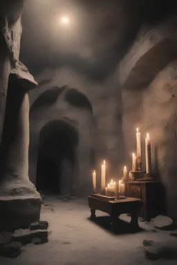 Background image, inside the catacombs of an ancient castle. Candles and dust, a coffin made of polished ebony