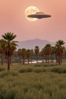 A field of date palms trees by the river and a big moon on the horizon a ufo spacecraft hovering