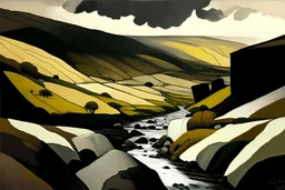 Yorkshire dales in the style of kyffin Williams