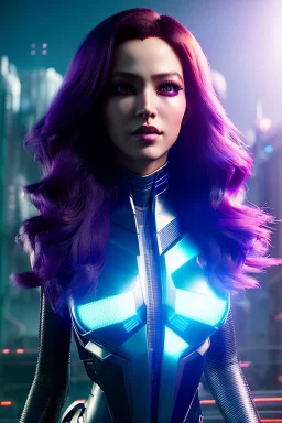 Futuristic cyborg, portrait from waist up, vibrant hair color, vibrant eye color, intricate eyeliner, vibrant eyeshadow, clear completion, soft lighting, 4k resolution, intricate details, insanely detailed, colorful cityscape background, masterpiece, expert, cinematic smooth, retroanime style, realistic details, no helmet