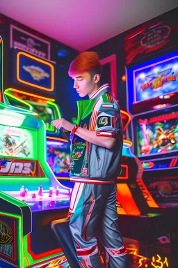 a millineal teenage boy is playing video arcade games, bright colored clothes from the 90s, hairstyles of that time, comic style