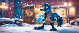 photo shoot of wereduck shadow boxer creature in ice cream and snow, in fallout 4 setting, bokeh, downlight, prize winning, depth of field, in the style of ivo caprino