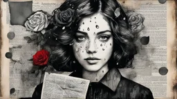 Collage. Beautiful portrait in charcoal and ink. Mixed media. Newspaper clippings, photographs, love letters, roses. Magazine style. Raindrops. Dark. Detailed. Alcohol ink. Worn texture. Crisp focus. Inked outlines. Hints of bright colors. Authors: Katherine Welz-Stein and Sam Toft