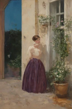 Night, one woman, house, vegetations, flowers, dirt, alfred stevens, and otto pippel paintings