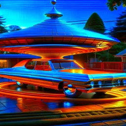 award winning car and driver digital 64k photorealistic image of a futuristic used UFO station wagon designed by an unknown alien civilization for sale in the front yard of a kentucky home, only one vehicle per image painted metallic orange traveling at a high rate of speed,the rear with bright blue flame, bilaterally symetrical