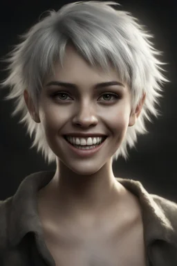 Werewolf, Chiaroscuro lighting, deep shadows, rich deep colors, masterpiece, full body portraits, 8K Ultra-HD, Hyper Realistic, Photorealistic, Realistic, focused, Clear, Extremely Detailed, beautiful, Cinematic, proportionate, full color, an image of a smiling young female Werewolf with short, pixie-cut bleached white hair, tapered on the sides, wearing a pair of blue round lensed glasses, big, gold hoop earrings, big happy smile, a foggy, cloudy blue background