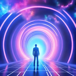 A man stands in front of a galaxy glowing tunnel in different colors, deeper into the metaverse we go, an open portal to another dimension, infinite quantum portal, the encrypted metaverse, the image is futuristic, surreal cyberspace, the approaching singularity, entering a quantum wormhole, portal dimensions , Cosmic Energy Threads, Futuristic Digital Art, Inner Hyperspace, Holographic Projection