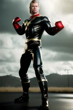 retro portrait image from 1960, sky background, wind, extra long blonde hair, fighting stance, young Chris Hemsworth, clean shave face, black dress, classic long tight lycra black suit, big red cap, silver latex with scales on the arms, gold bracelet and belt, high boots, soft color, highly detailed, unreal engine 5, ray tracing, RTX, lumen lighting, ultra detail, volumetric lighting, 3d, finely drawn, high definition, high resolution.