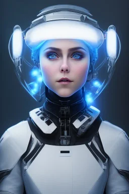 Black intergalactic pilot AnnaSophia Robb, portrait, bright white eyes, wearing high tech pilot helmet, beautiful face, white smoke, dark, rage, sorrow, high definition, ultra 8 k, volumetric lighting, blue fire, fog