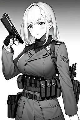 military girl takes out pistol, greyscale