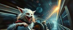 master oil painting by Rembrandt, scary ai sami white fox gremlin woman on buss through space neon comet shower , motion blur background