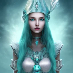 Air witch, majestic beauty, Asian, silver colored eyes, aqua hair in a long ponytail, wearing an aqua witch hat, wearing an aqua crystal necklace