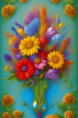 melted flowers in a glass vase, melted family pictures on the wall in the style of Salvador Dali's with green, blues, orange and purples, surrealism style