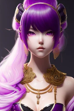 Detailed cute anime Kunoichi girl, purple hair buns, purple bangs, black latex bodysuit, intricate details, full body portrait, keep head in frame, slight smile, black Japanese motif, concept art, highly detailed, digital painting, concept art, sharp focus, illustration, art by Yoji Shinkawa, WLOP and greg rutkowski and alphonse mucha and artgerm and yanjun Chen and Junji ito and Makoto Shinkai, HDR, octane render