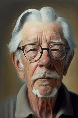 portrait of a man, in his seventies; small, short white locks and a goatee; wears a pair of round glasses