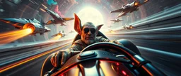 movie poster, etheral astral weird perspective worried yoga vin diesel legend race car racing with huge g force against spaceships going sideways in ramp driver close up portrait of dj magic kobold gremlin farmer pilot looking down on cam, with background in the style of escher and giger, a chill contrapunctus fugue in the style of fsol, beethoven,