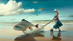 a woman walks some fish on a leash on the beach, the fish swim in the air, bizarre, surreal, weird,