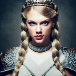 beautiful young queen with white armor, delicate white braided hair with ponytail, glass eyes, highly detailed, 8k, ambient light, taylor swift, face in full view