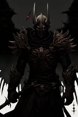A celestial man with a bare chest, steel pauldrons, and armoured lower half of his body, with who black wings sprouting from his back. A long glaive polearm of oak wood and black iron with a strange malevolent aura radiating from the weapon. His face is obscured by a blood slattered mask as he short hair is covered by a cowl
