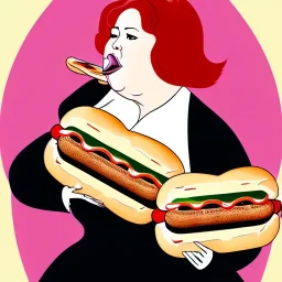 obese woman stuffing her face with hot dogs